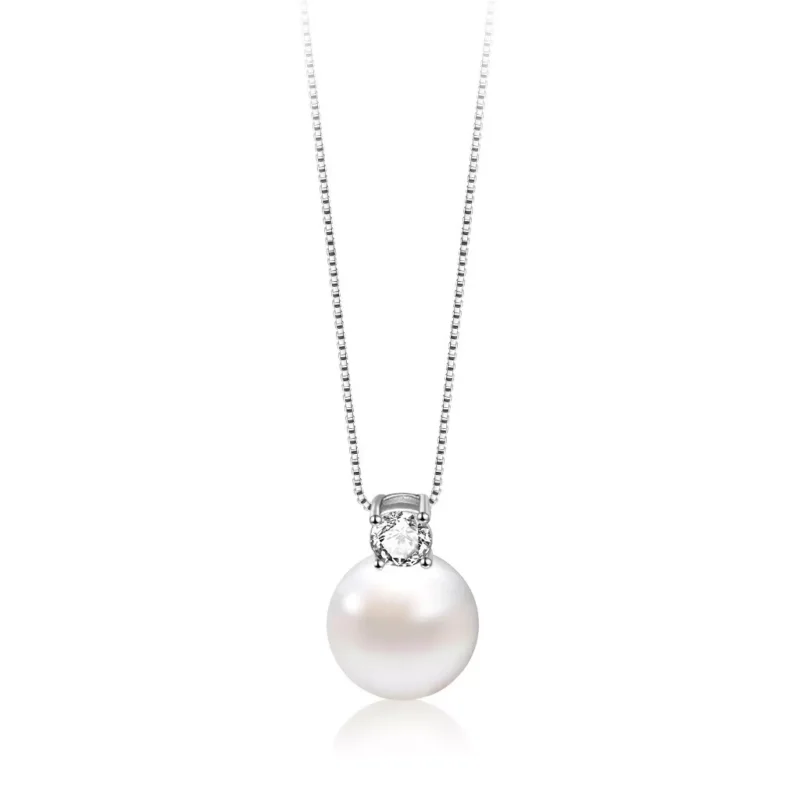 Fine Silver Simple Pearl Zircon Pendant Necklace for Women