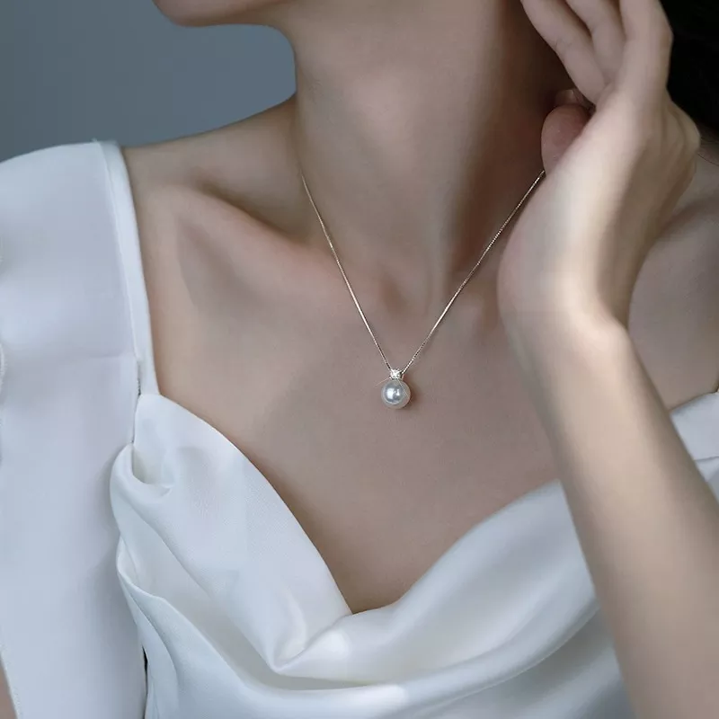 Fine Silver Simple Pearl Zircon Pendant Necklace for Women
