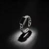 S925 Antique Sterling Silver Chain Ring with Black Onyx