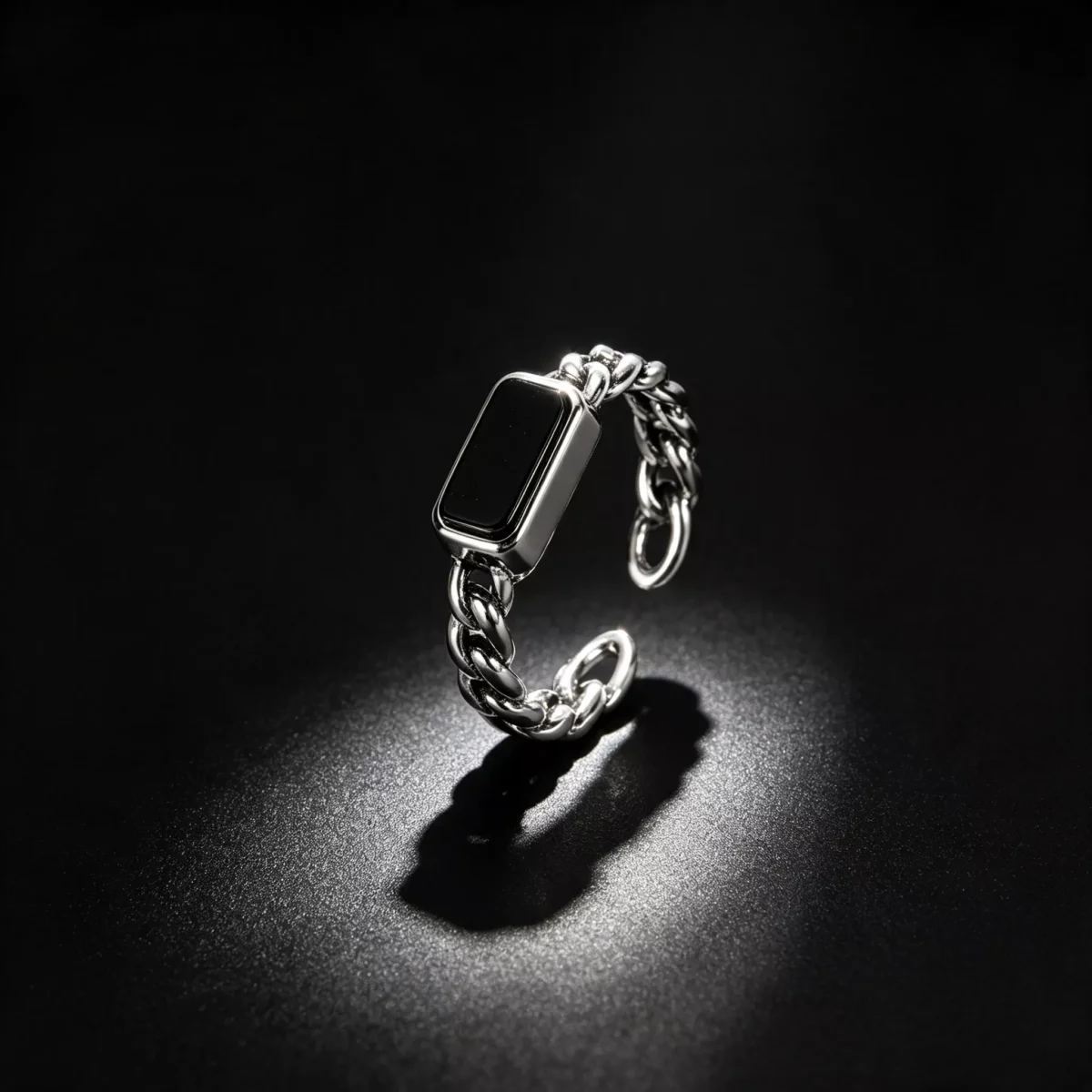 S925 Antique Sterling Silver Chain Ring with Black Onyx