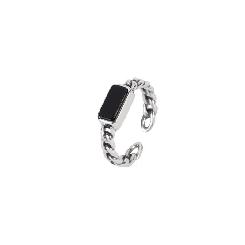 S925 Antique Sterling Silver Chain Ring with Black Onyx