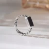 S925 Antique Sterling Silver Chain Ring with Black Onyx