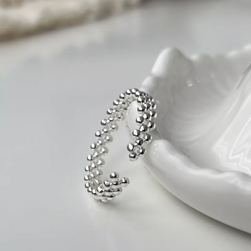 S925 Sterling Silver Beaded Open Adjustable Ring