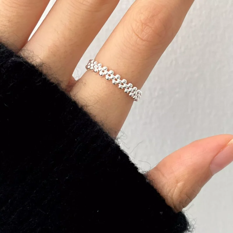 S925 Sterling Silver Beaded Open Adjustable Ring