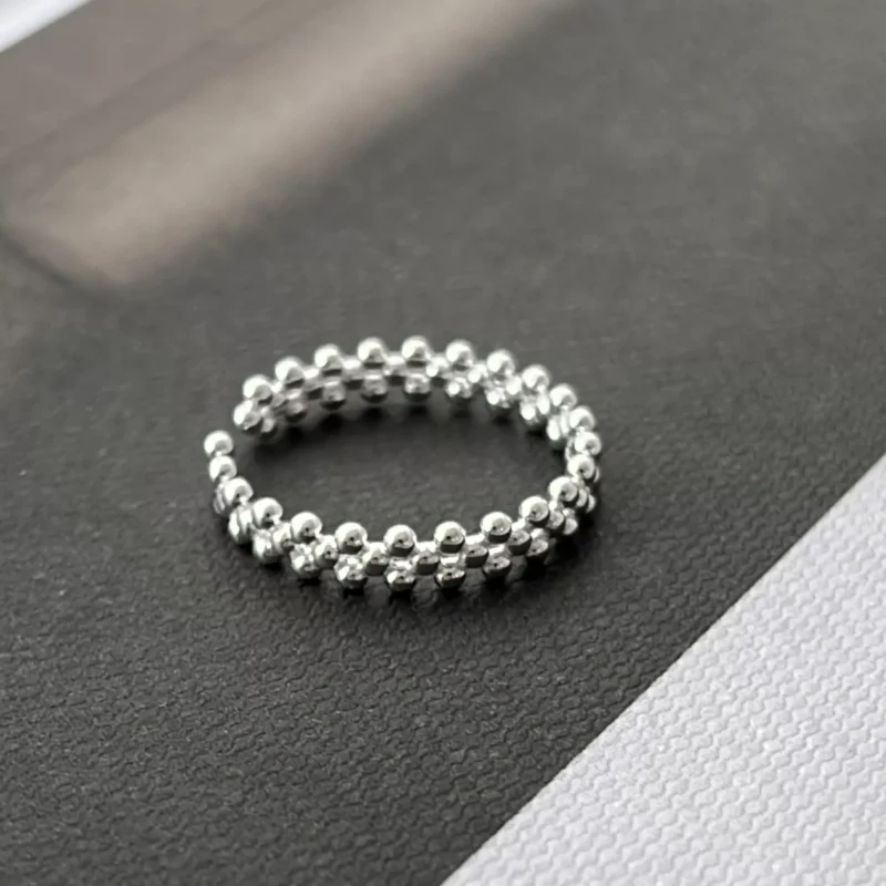 S925 Sterling Silver Beaded Open Adjustable Ring