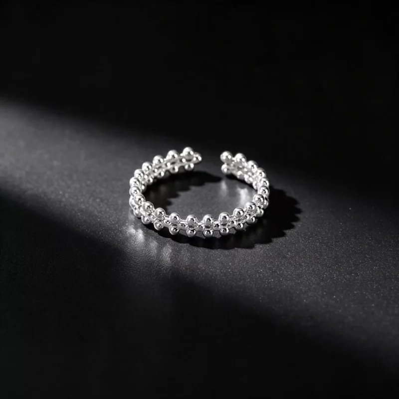 S925 Sterling Silver Beaded Open Adjustable Ring