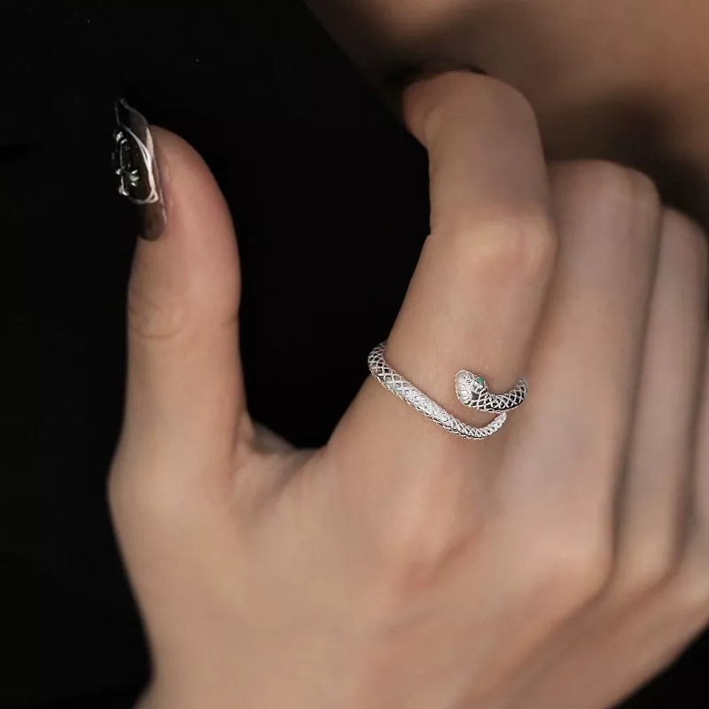 S999 Silver Open Snake Ring With Green Zircon