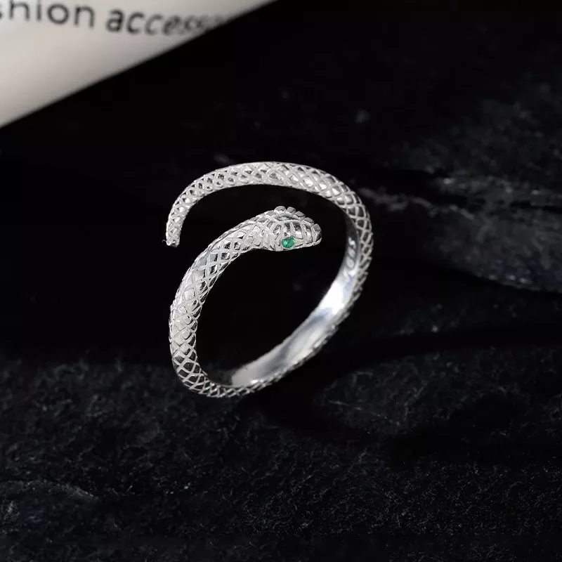 S999 Silver Open Snake Ring With Green Zircon