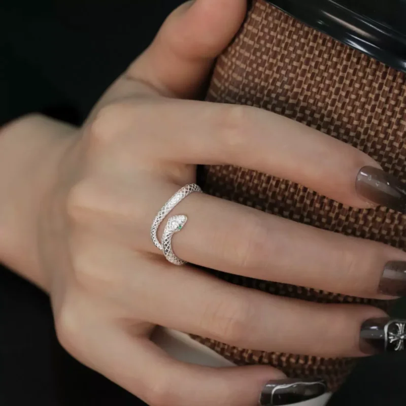S999 Silver Open Snake Ring With Green Zircon