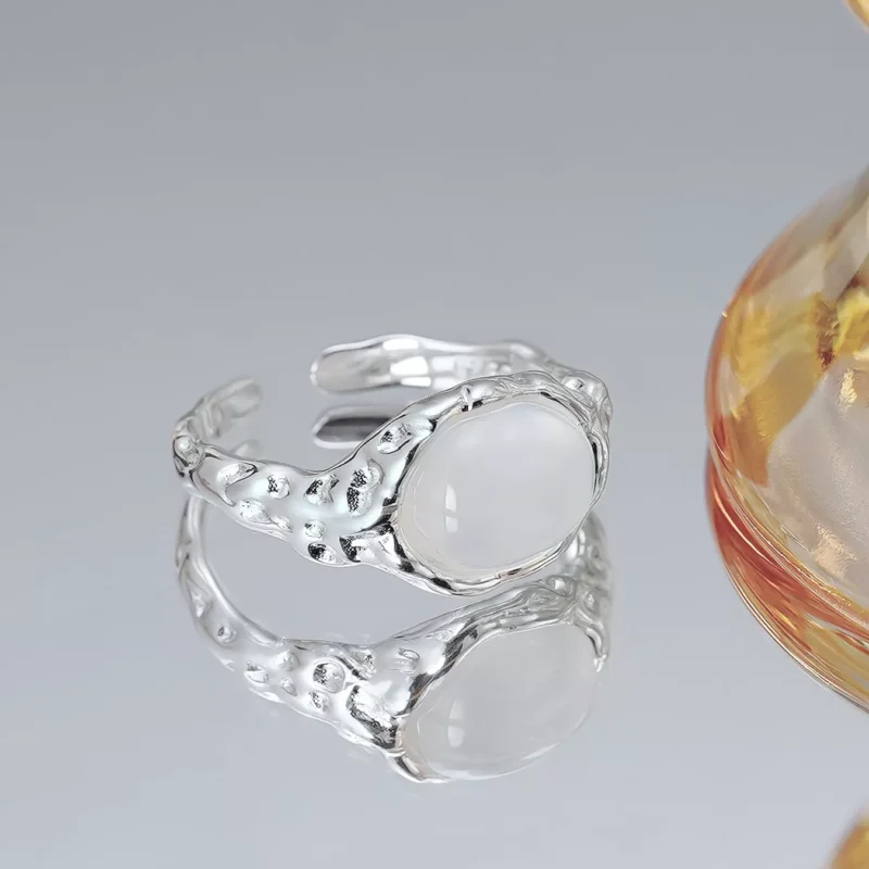 S925 Silver Irregular White Agate Open Ring S925 Silver Irregular White Agate Open Ring