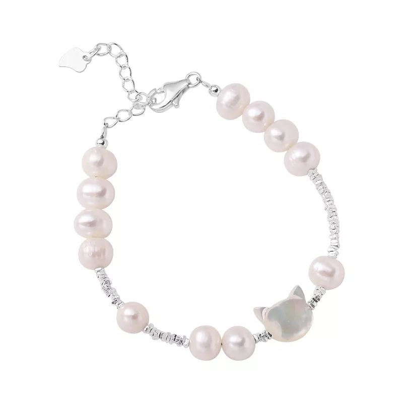 S925 Silver Mother‑of‑Pearl Cat Freshwater Pearl Bracelet