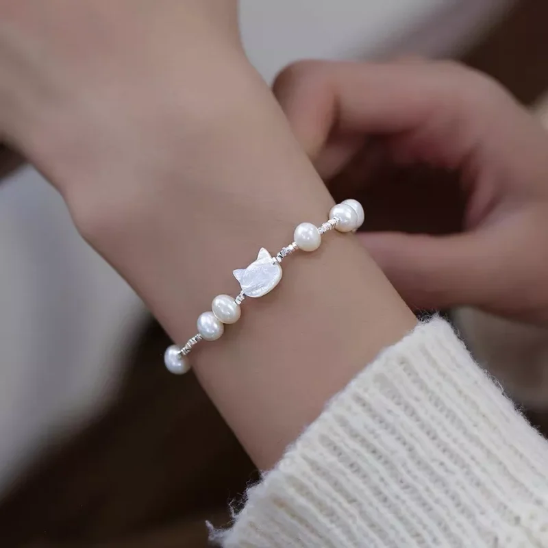 S925 Silver Mother‑of‑Pearl Cat Freshwater Pearl Bracelet