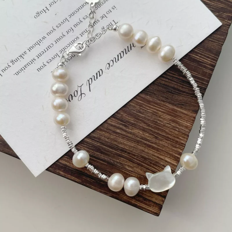 S925 Silver Mother‑of‑Pearl Cat Freshwater Pearl Bracelet
