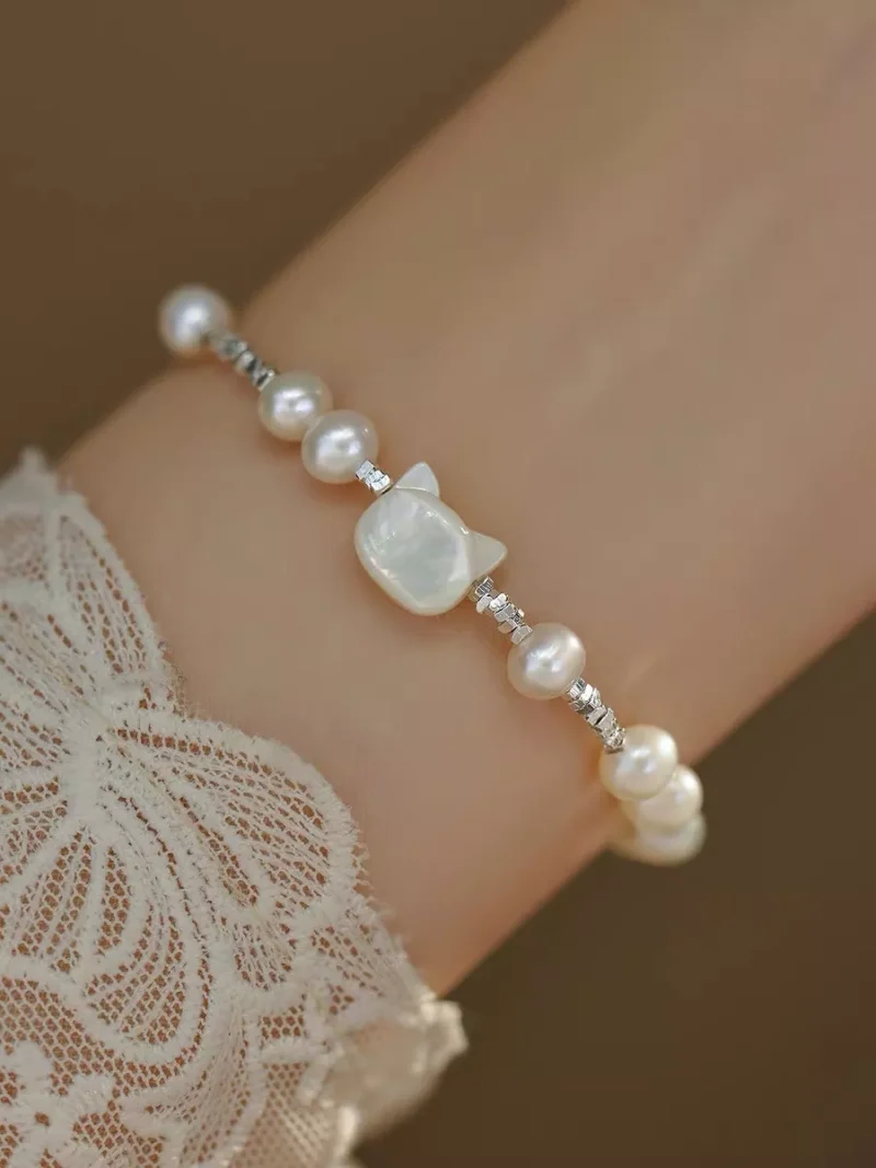 S925 Silver Mother‑of‑Pearl Cat Freshwater Pearl Bracelet