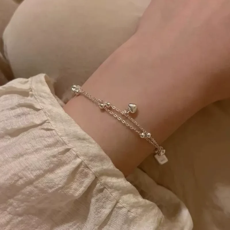 S925 Silver Double‑Layer Heart Charm Bracelet