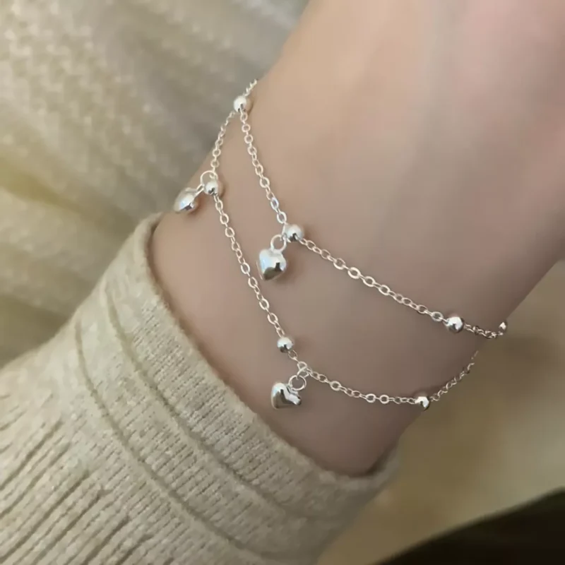 S925 Silver Double‑Layer Heart Charm Bracelet