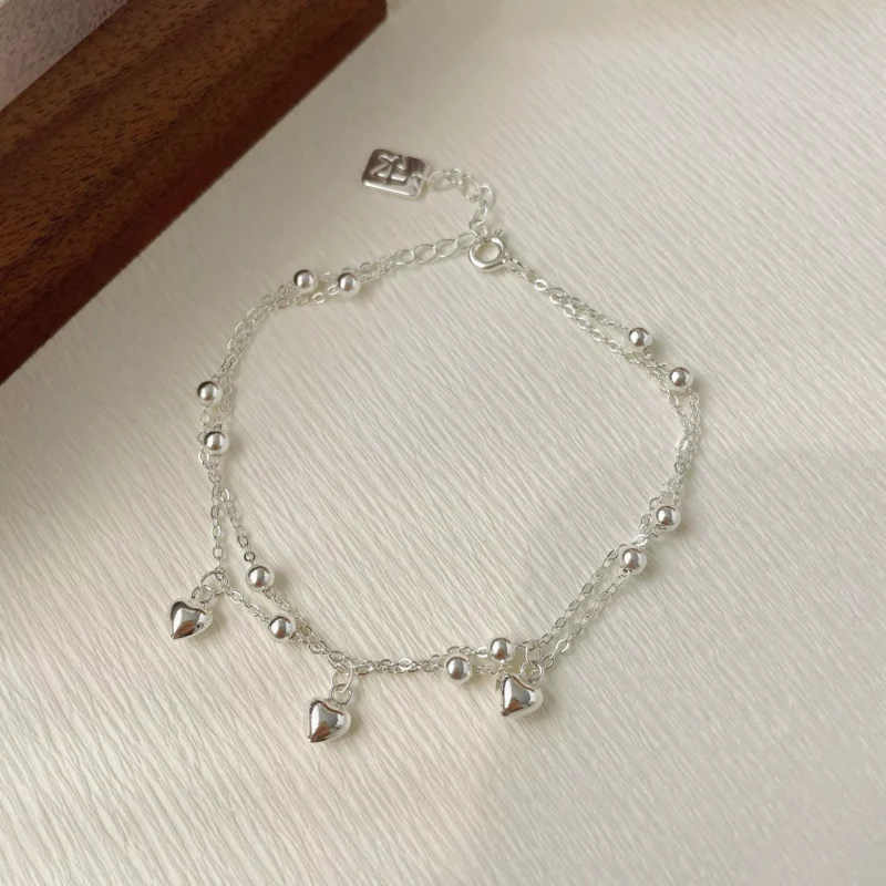 S925 Silver Double‑Layer Heart Charm Bracelet