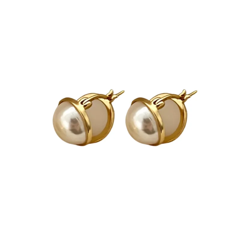 Gold‑Plated S925 Silver Half‑Pearl Huggie Earrings