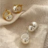 Gold‑Plated S925 Silver Half‑Pearl Huggie Earrings