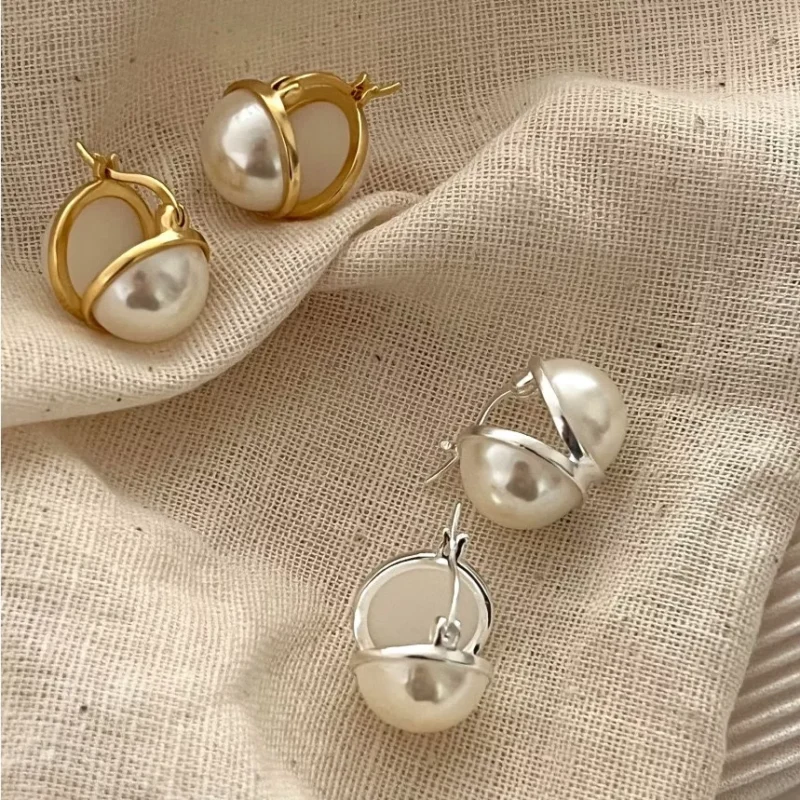 Gold‑Plated S925 Silver Half‑Pearl Huggie Earrings