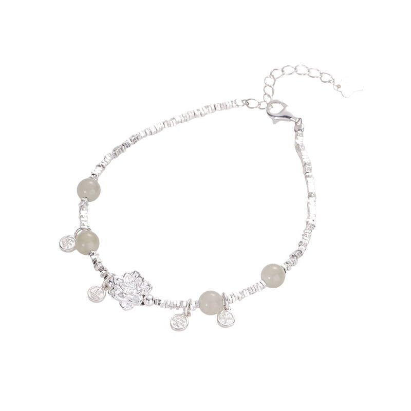 S925 Silver Hetian Jade Lotus Charm Bracelet