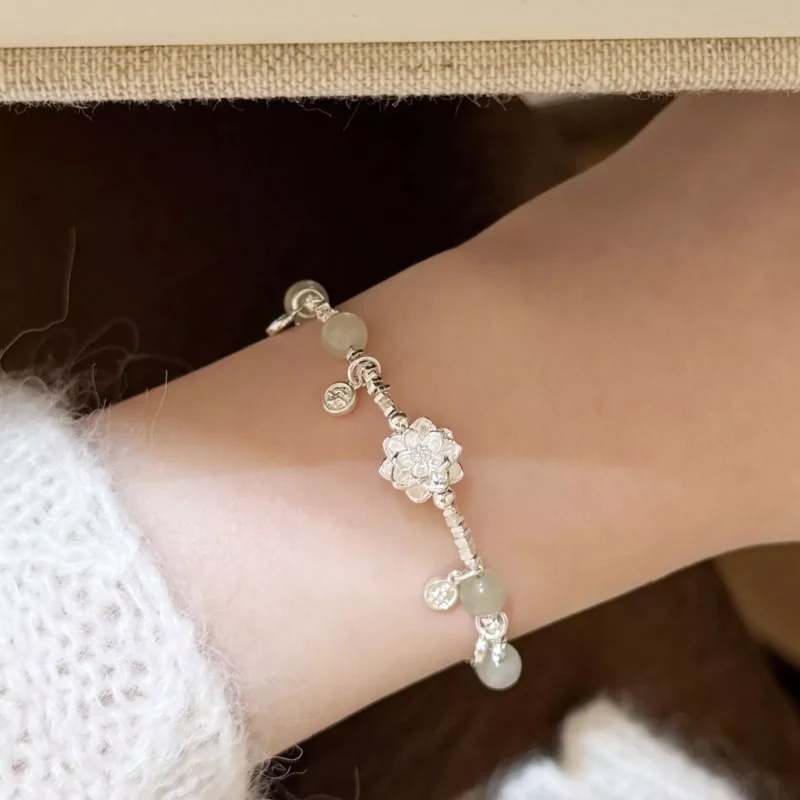 S925 Silver Hetian Jade Lotus Charm Bracelet