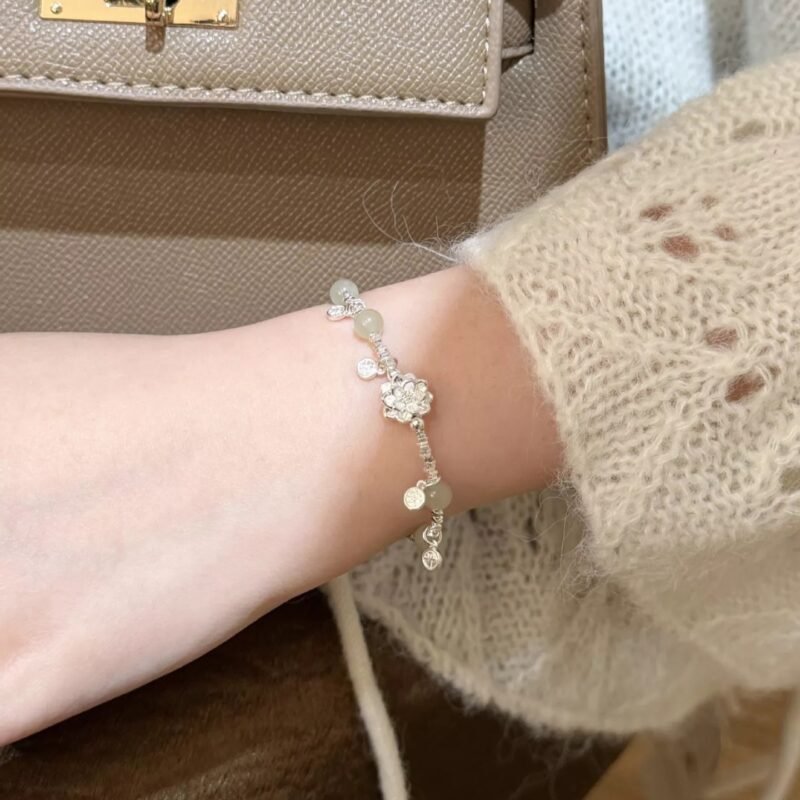 S925 Silver Hetian Jade Lotus Charm Bracelet
