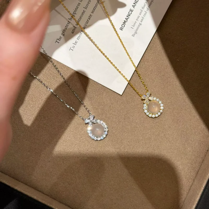 S925 Agate Zircon Bow‑knot Pendant Necklace