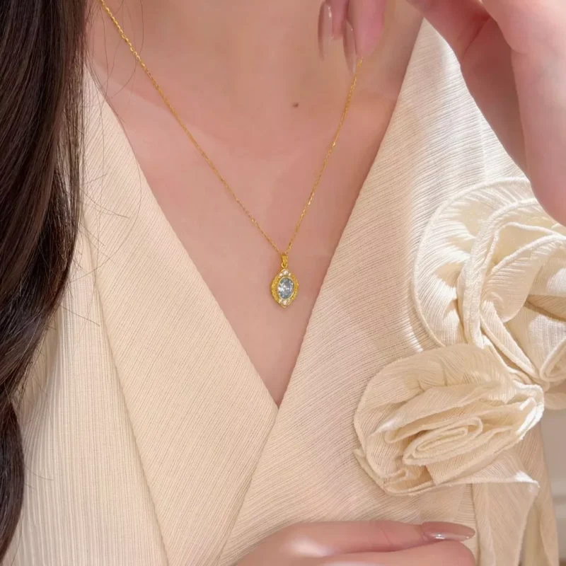 S925 Vintage Light‑Blue Cubic Zirconia Necklace S925 Vintage Light‑Blue Cubic Zirconia Necklace
