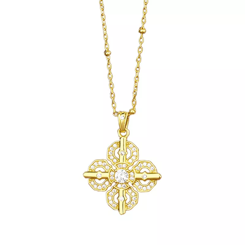 Vintage Cross‑Flower S925 Silver CZ Necklace