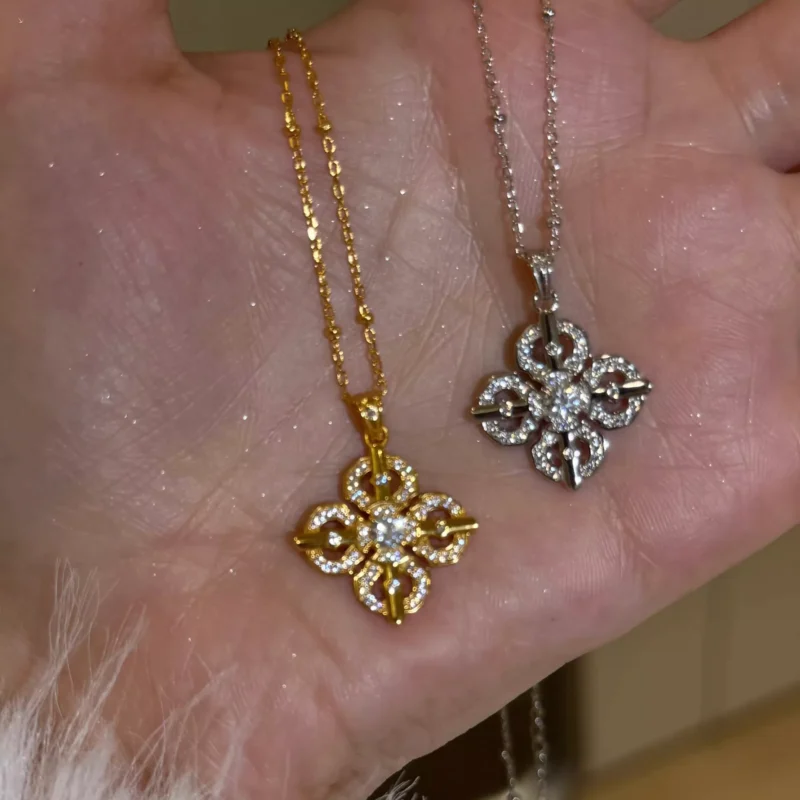 Vintage Cross‑Flower S925 Silver CZ Necklace