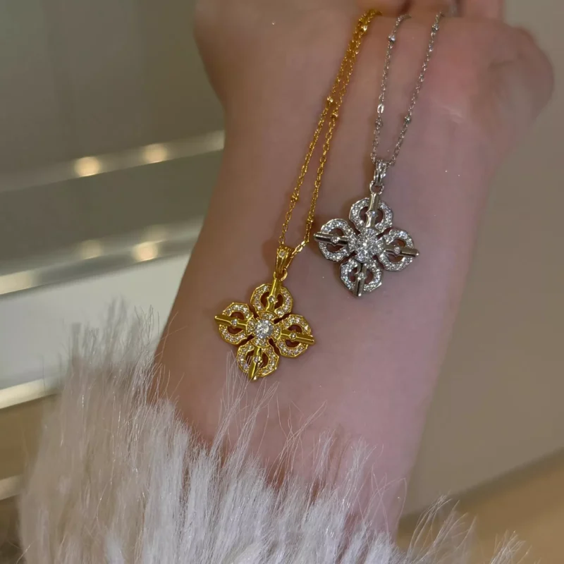 Vintage Cross‑Flower S925 Silver CZ Necklace