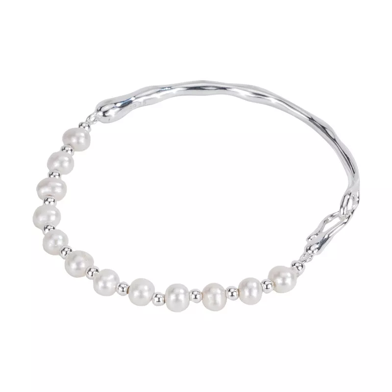 S925 Silver Freshwater Pearl Half‑Bangle Bracelet