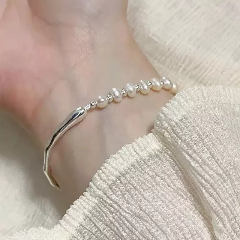 S925 Silver Freshwater Pearl Half‑Bangle Bracelet