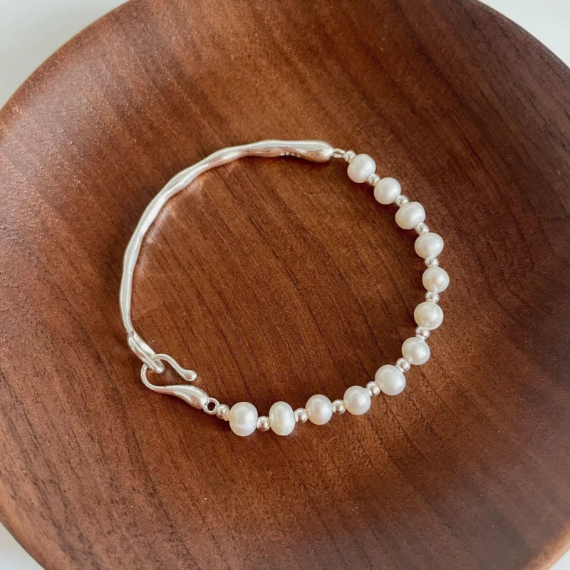 S925 Silver Freshwater Pearl Half‑Bangle Bracelet