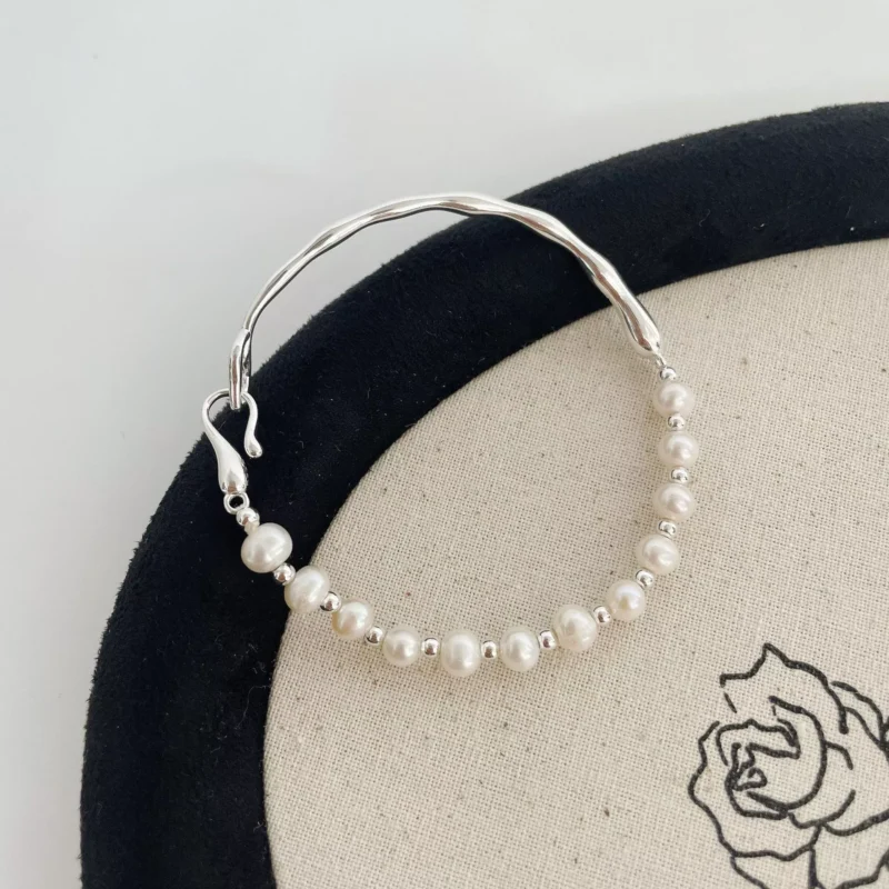 S925 Silver Freshwater Pearl Half‑Bangle Bracelet