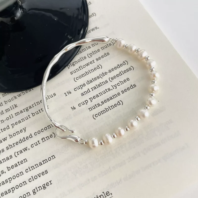 S925 Silver Freshwater Pearl Half‑Bangle Bracelet