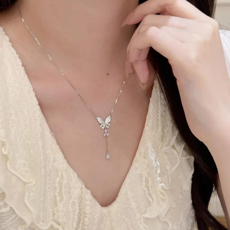 XDQ0340N-72-7 S925 Pave‑Set Butterfly Y‑Shape Zircon Necklace
