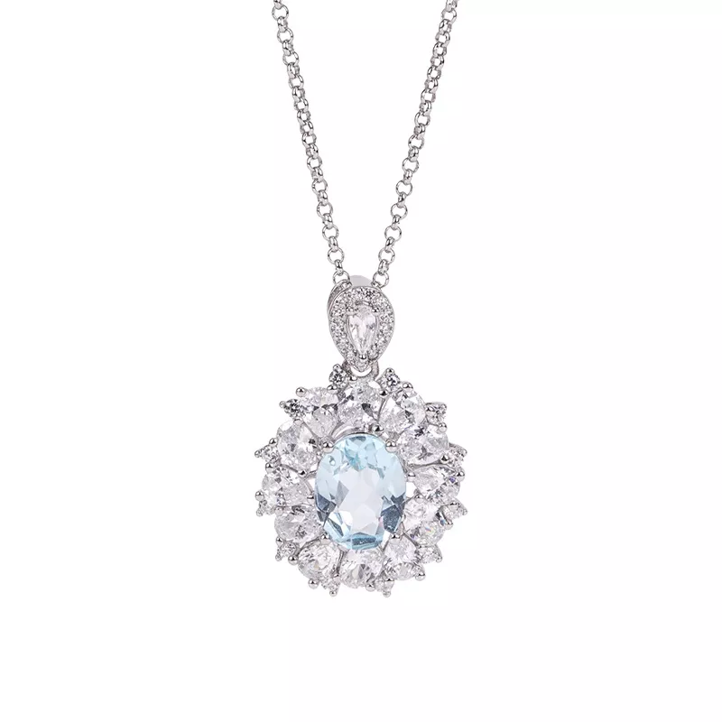Geowence Luxury Cool-Tone Aquamarine Halo NecklaceAquamarine Halo Necklace