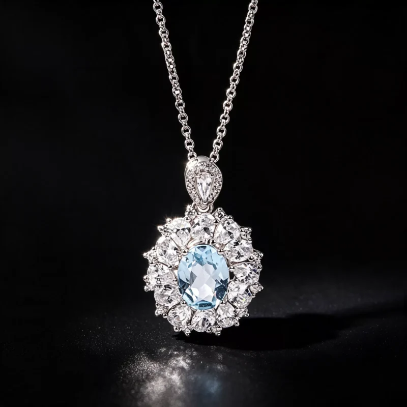 Geowence Luxury Cool-Tone Aquamarine Halo Necklace