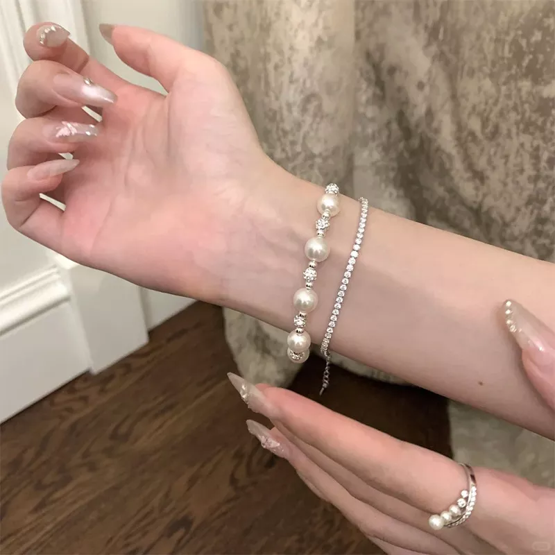 S925 Silver CZ Imitation Pearl Beaded Bracelet