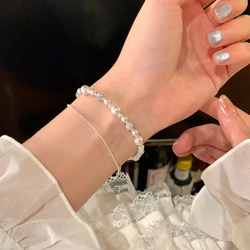 S925 Silver Double‑Layer CZ Imitation Pearl Bracelet