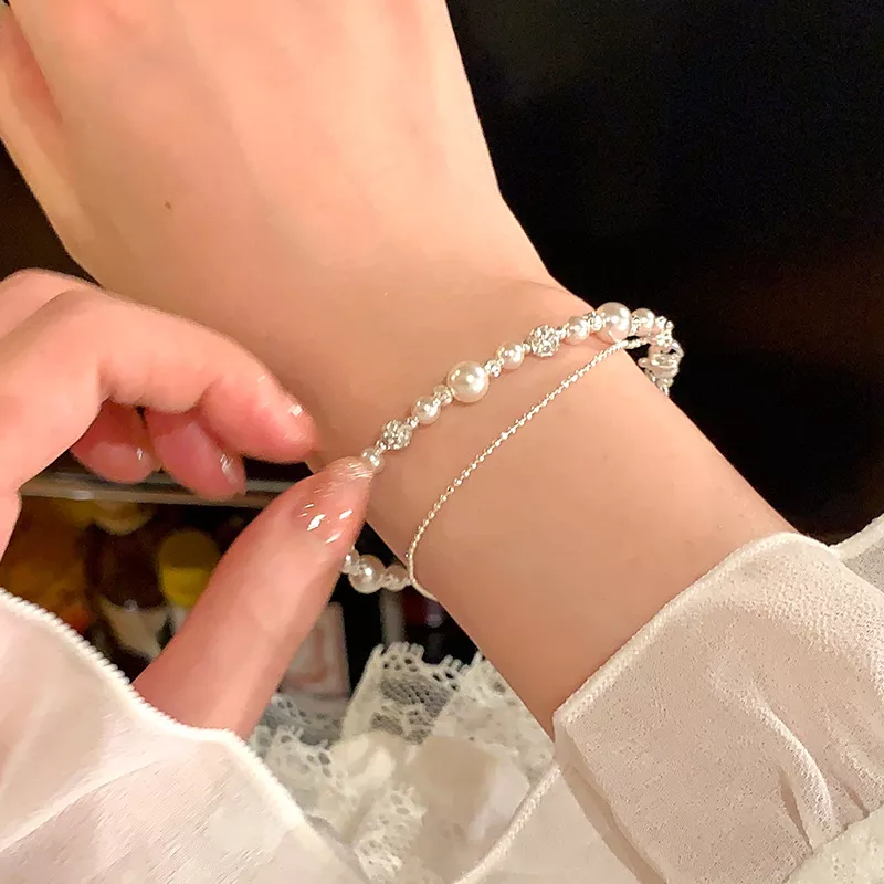 S925 Silver Double‑Layer CZ Imitation Pearl Bracelet