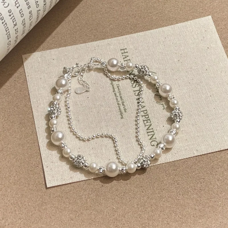 S925 Silver Double‑Layer CZ Imitation Pearl Bracelet