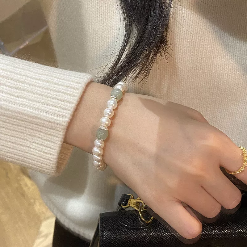 S925 Hetian Jade Freshwater Pearl Stretch Bracelet