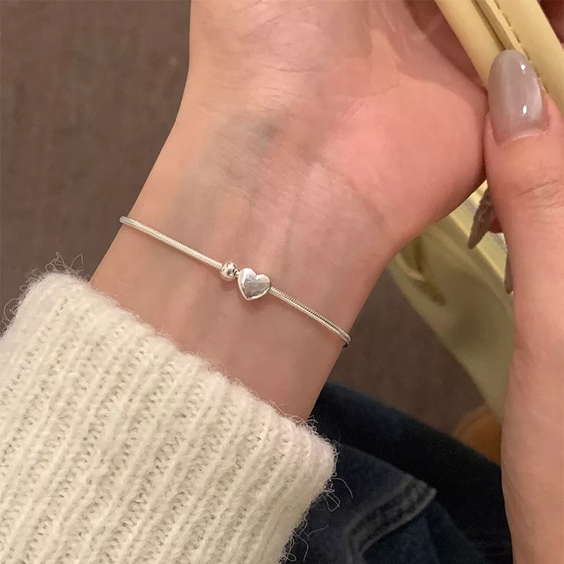 S925 Silver Snake Chain Heart Charm Bracelet