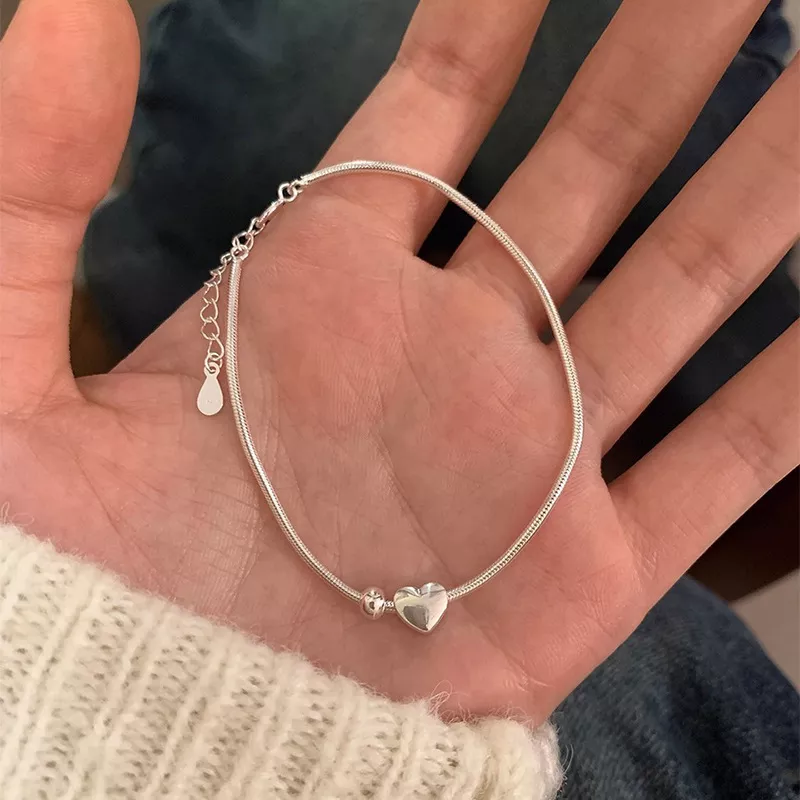 S925 Silver Snake Chain Heart Charm Bracelet