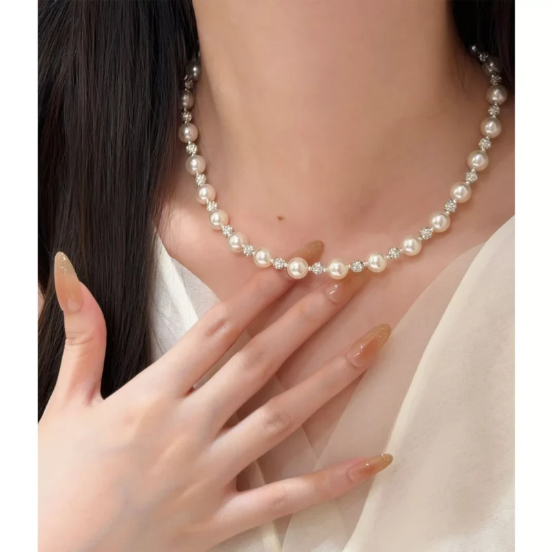 S925 Silver Imitation Pearl Rhinestone Necklace Elegant Women Clavicle Chain