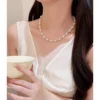 S925 Silver Imitation Pearl Rhinestone Necklace Elegant Women Clavicle Chain