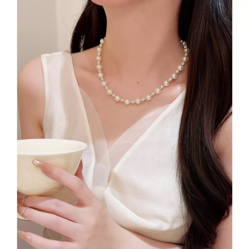 S925 Silver Imitation Pearl Rhinestone Necklace Elegant Women Clavicle Chain